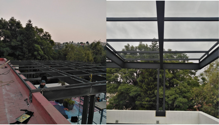 pergolas para terraza de acero con madera o aluminio y cristal templado 