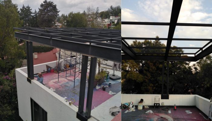 pergolas para terraza de acero con madera o aluminio y cristal templado 